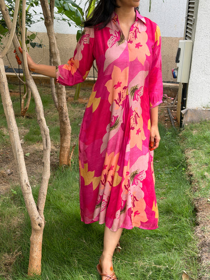 A0808 Fuchsia Pink Cotton Silk dress