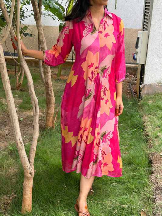 A0808 Fuchsia Pink Cotton Silk dress