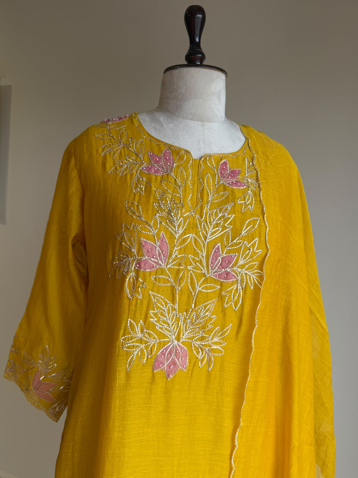 A0847 mustard mul chanderi pitta embroidery 3 piece dress