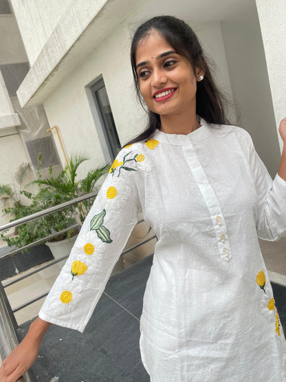 A1525 white premium cotton self weaved coord set with yellow floral hand embroidery