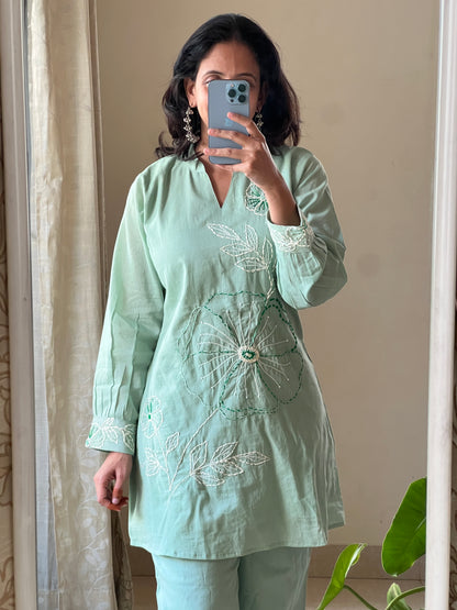 A0448 Pista Green Mulmul coord set with hand embroidery detailing