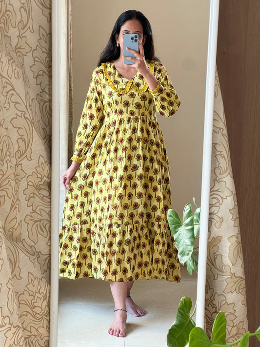 A0375 yellow pure cotton Hand block print frock with Peter collar neck and back tie up