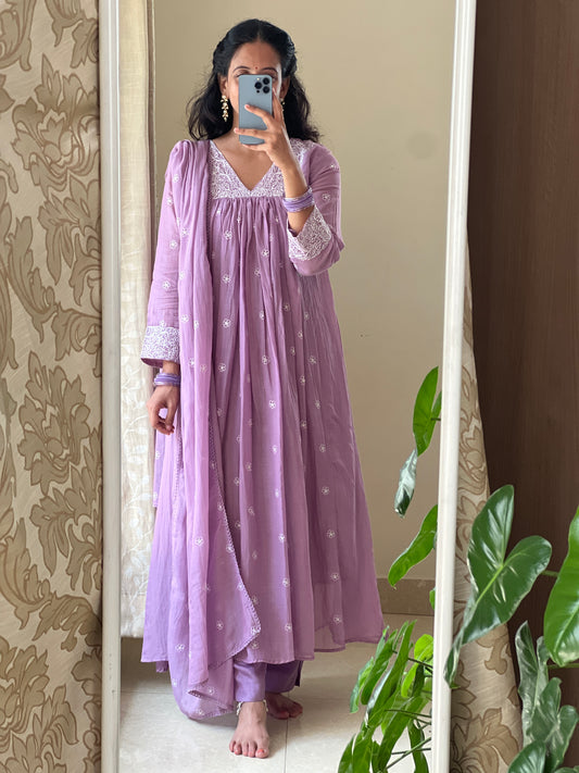 A0518 lavender mul chanderi 3 piece dress with embroidery detailing all over the dress