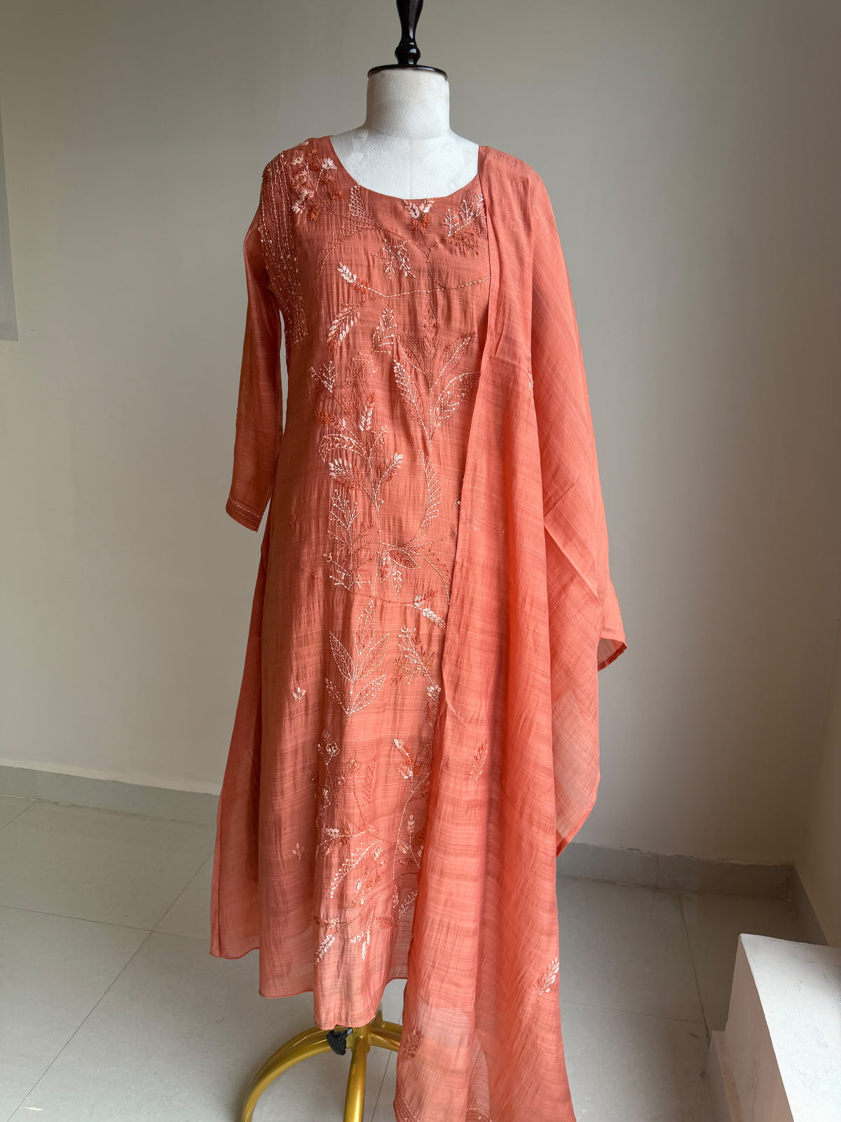 A0844 rust mul chanderi kantha work 3 piece dress