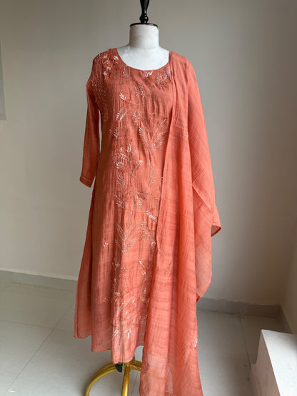 A0844 rust mul chanderi kantha work 3 piece dress