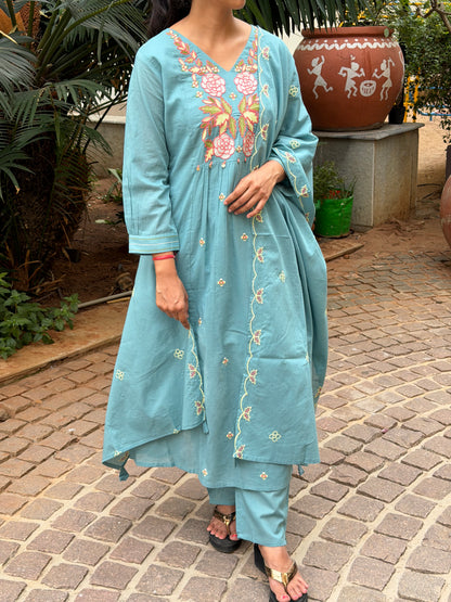 A0693 Chanderi 3pc set with Rose floral embroidery detailing