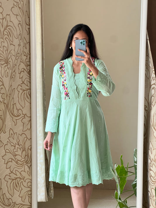 A0418 Mulmul pista green short frock with hand embroidery, lays detailing