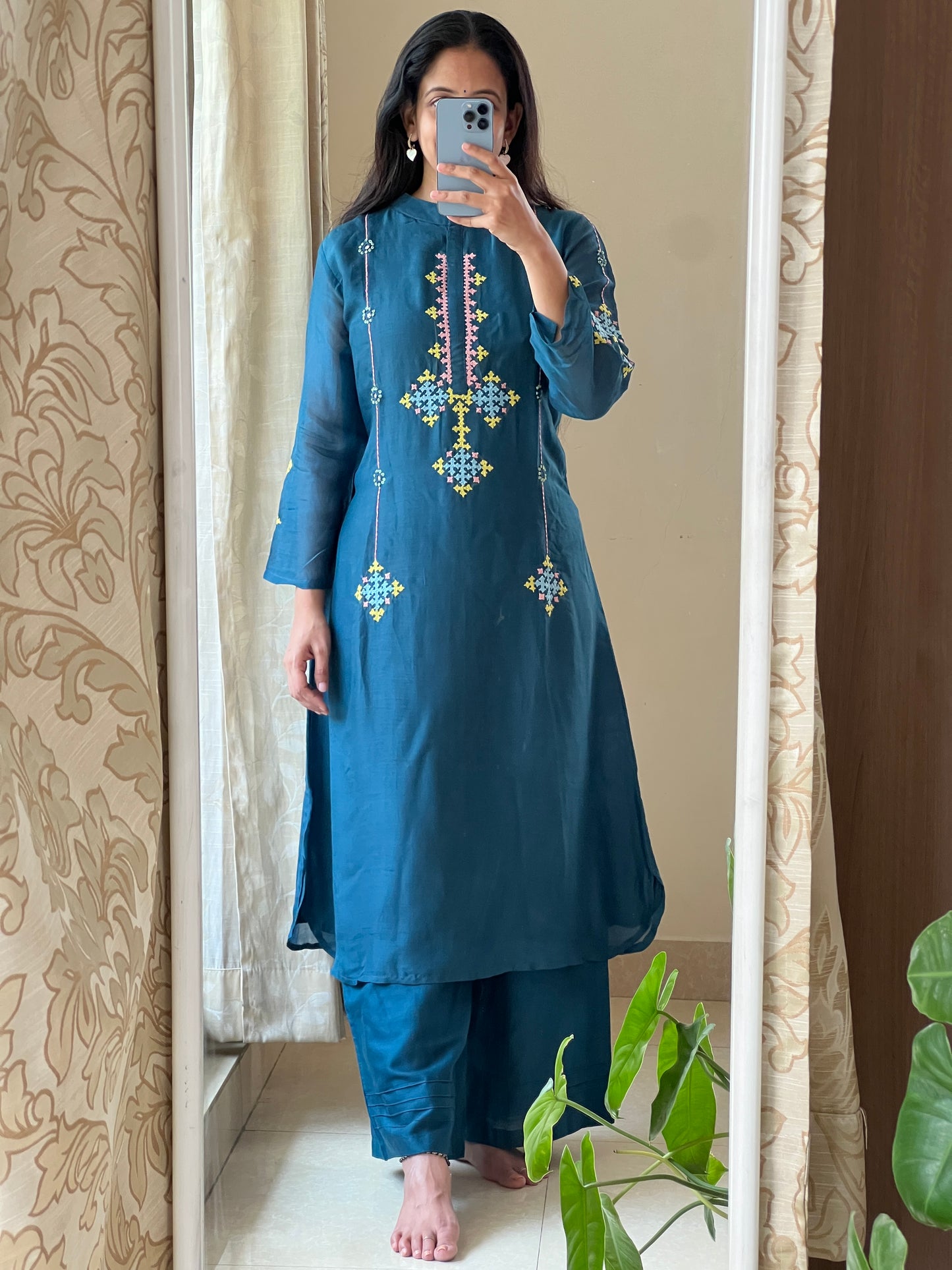 P07 peacock blue mul chanderi 2 piece dress with Kutch work hand embroidery detailing