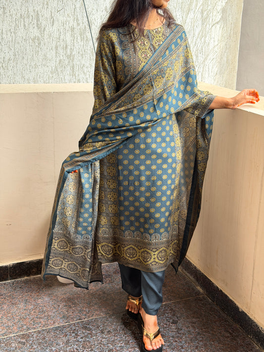 A0817 Blue premium muslin ajrakh print  3 piece suit