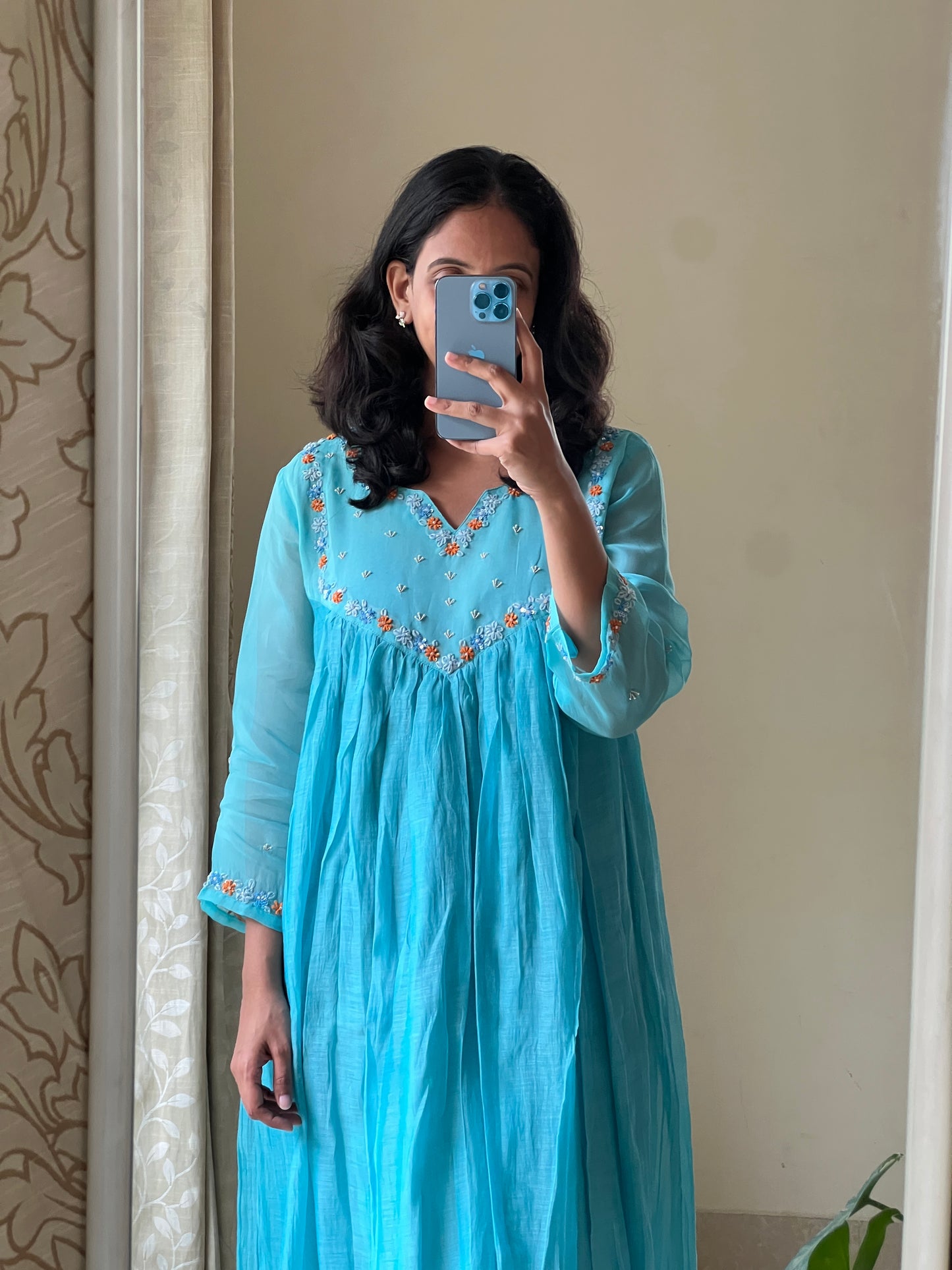 A0494 blue mul chanderi one piece dress with hand embroidery detailing on organza yoke part & hands