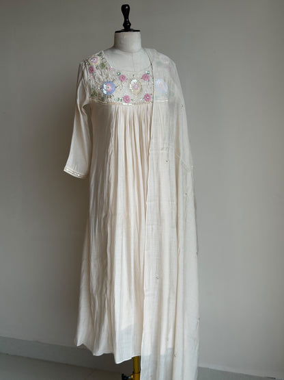 A0843 cream mul chanderi hand embroidery 3 piece dress