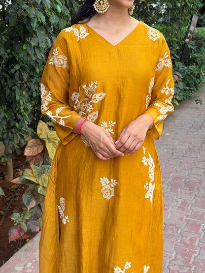 A0680 Premium Mul Chanderi 2pc set in beautiful yellow shade with embroidery detailing