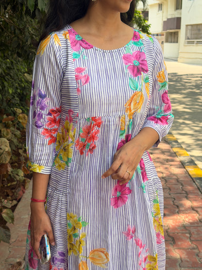 A0737 lavender stripes mul cotton frock with floral digital printed butties all over the dress