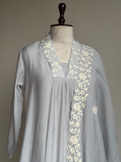 A0845 elephant grey mul chanderi 3 piece dress