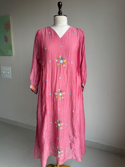 A0852 peach mul chanderi one piece dress with hand embroidery butties