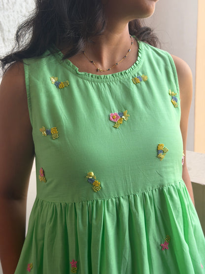 A0761 sea green & blue Mul cotton shaded one piece dress with hand embroidery detailing all over the dress