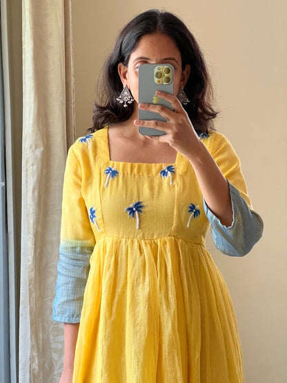 A0453 Kota yellow & blue frock in dual shade,with jardozi and Moti work detailing
