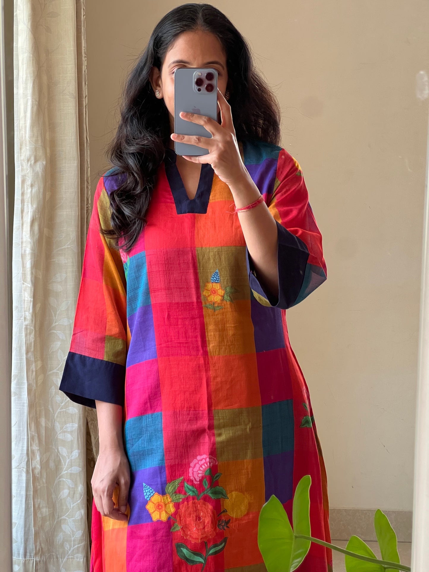A0665 mul cotton multi colour checks digital printed kurta and navy blue pants, kurta comes with lining