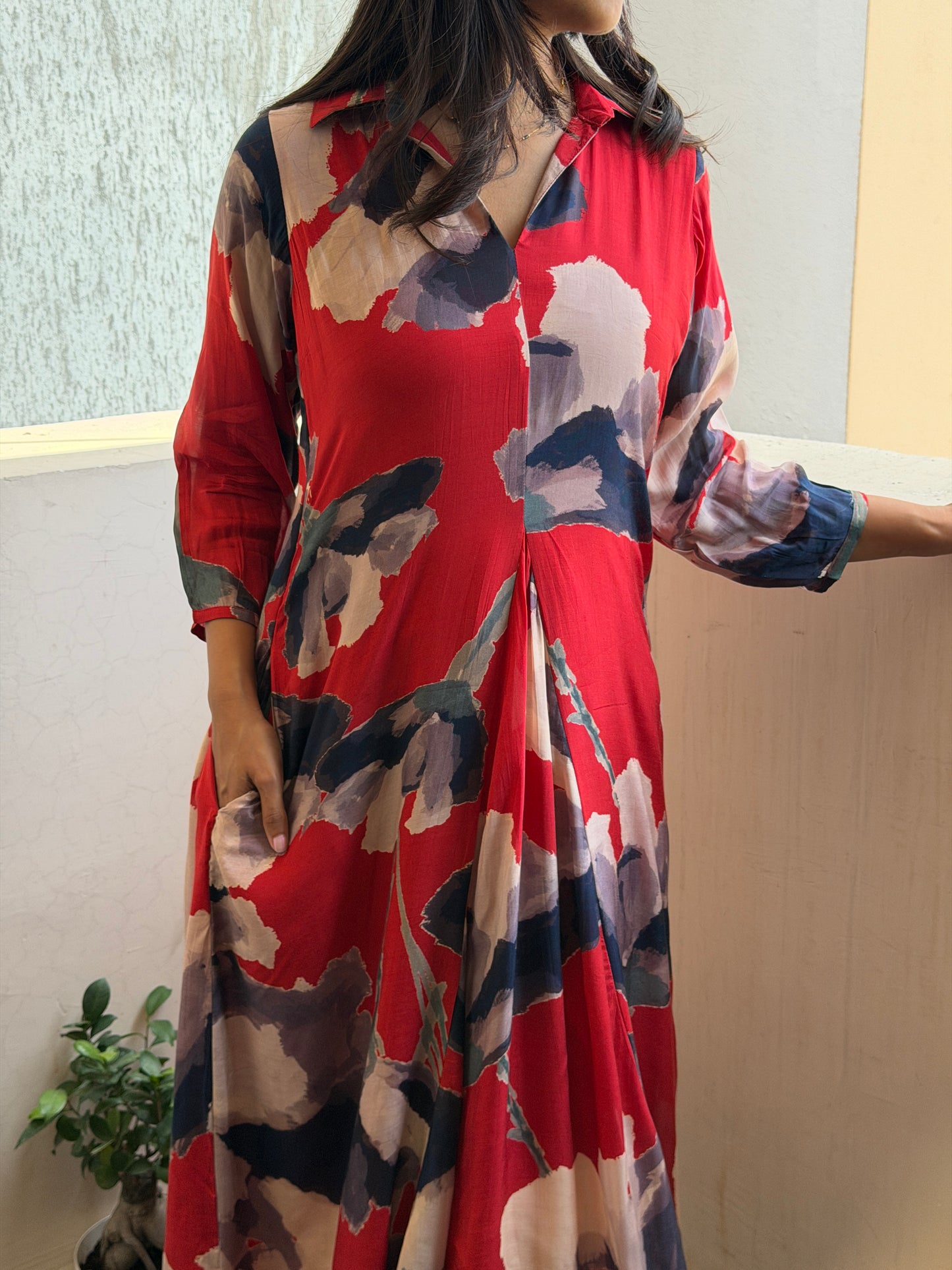 A0782 Red Cotton Silk in abstract print, with black and brown touch