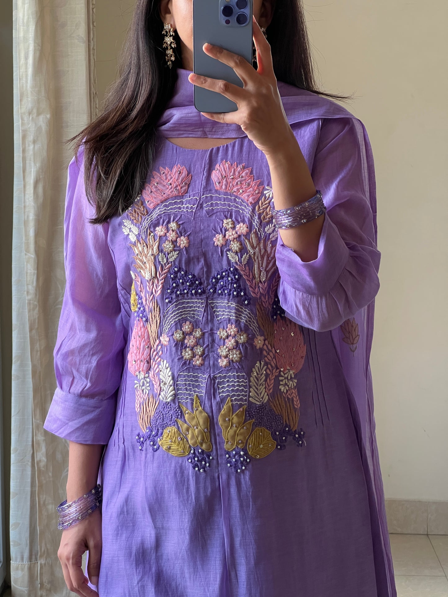 A0582 purple mul chanderi 3 piece dress with applique work embroidery over the yoke part & butties all over the dupatta