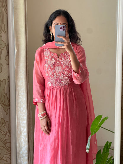 A0499 peach mul chanderi 3 piece dress with hand embroidery detailing on yoke part and buttis on duppatta