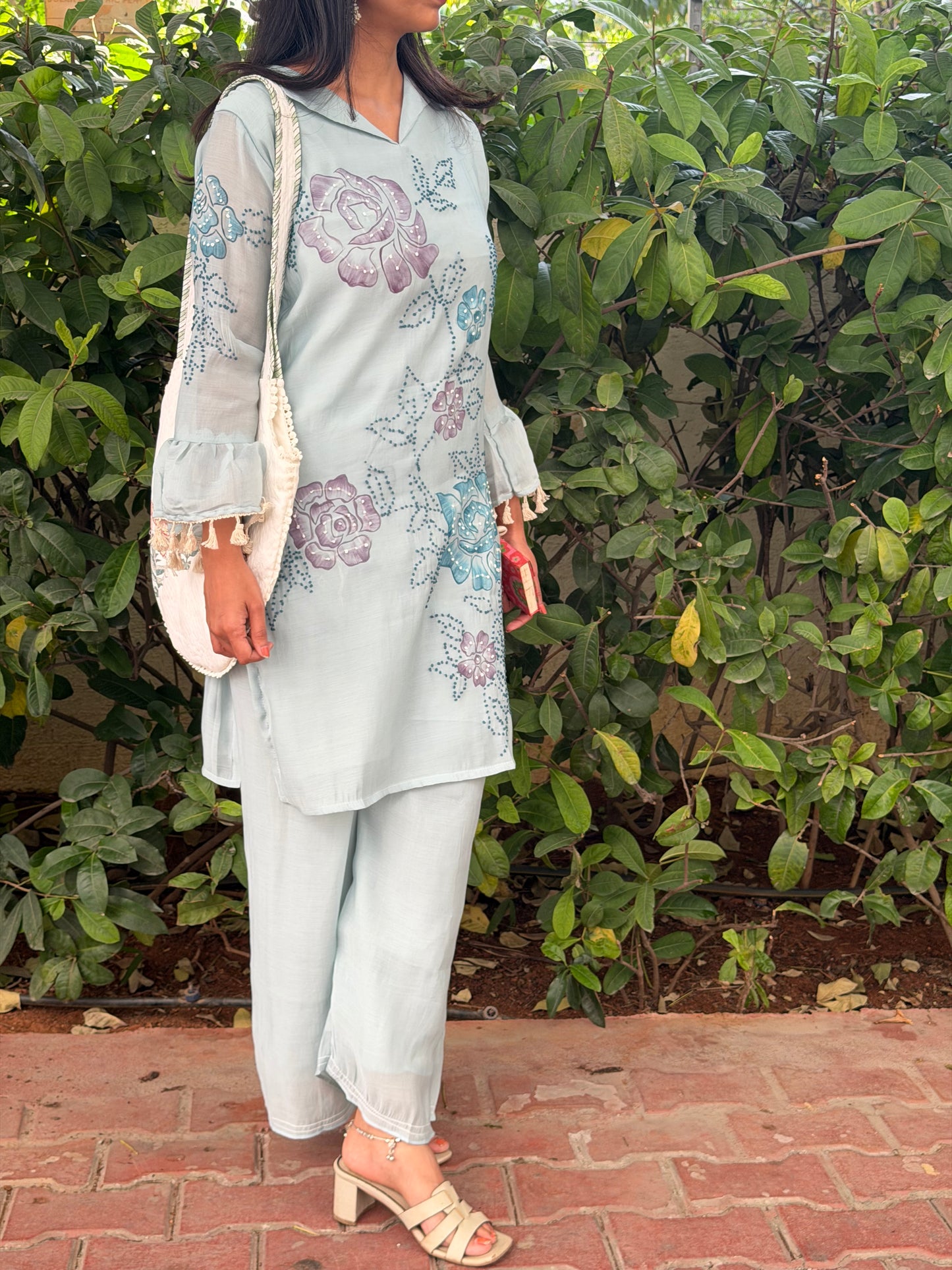 A0600 ice blue mul chanderi coord set with hand painted & knot work detailing all over the top