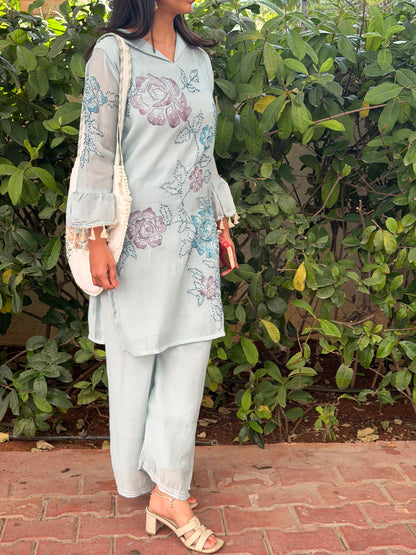 A0600 ice blue mul chanderi coord set with hand painted & knot work detailing all over the top