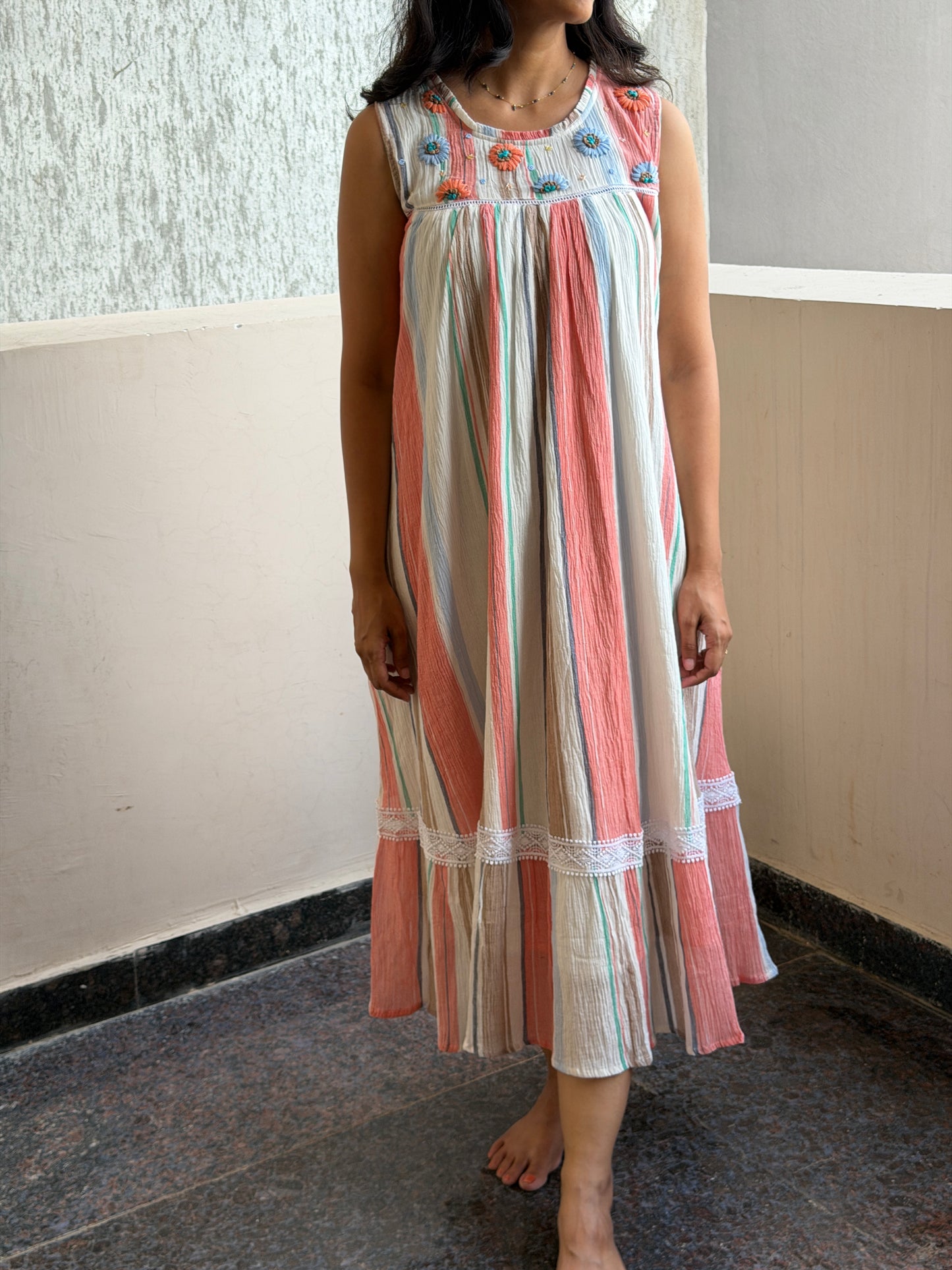 A0756 Crushed cotton dress, 3D hand embroidery details