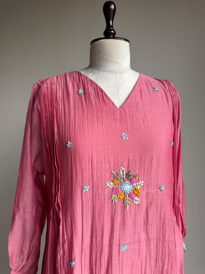 A0852 peach mul chanderi one piece dress with hand embroidery butties