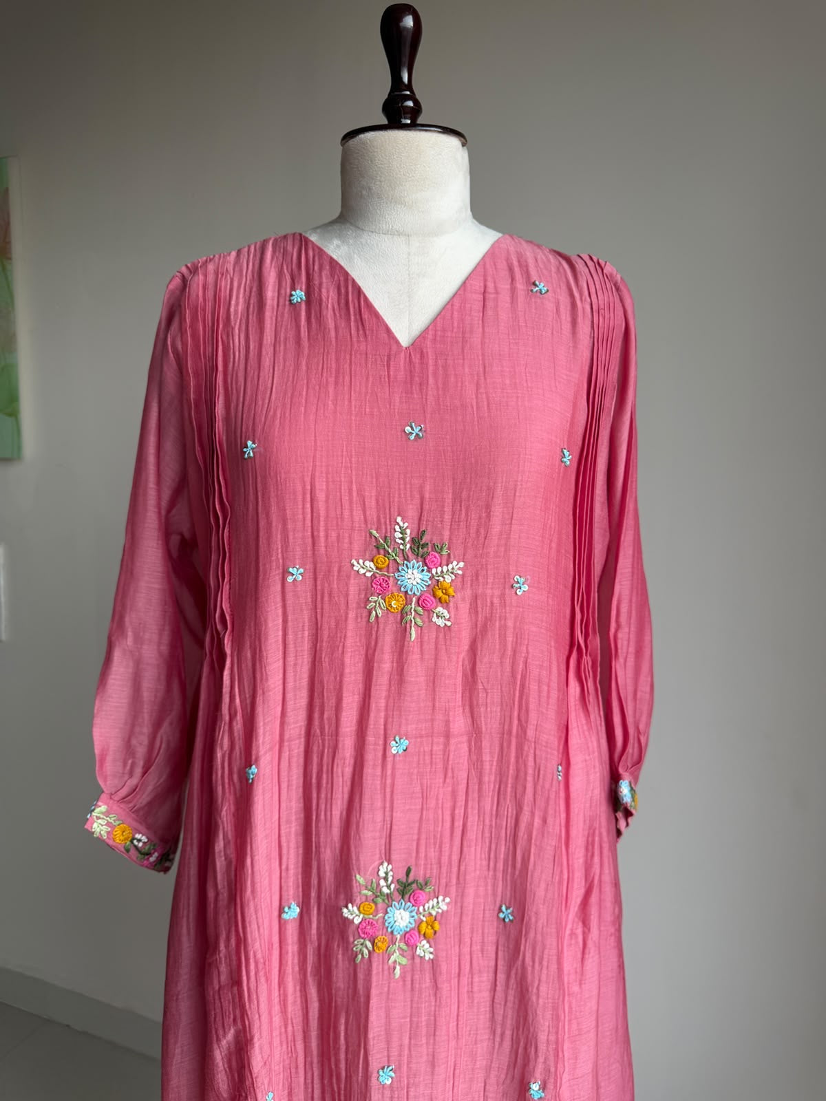 A0852 peach mul chanderi one piece dress with hand embroidery butties