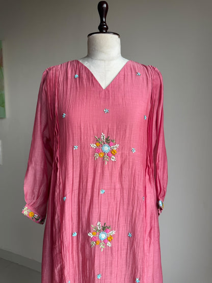 A0852 peach mul chanderi one piece dress with hand embroidery butties