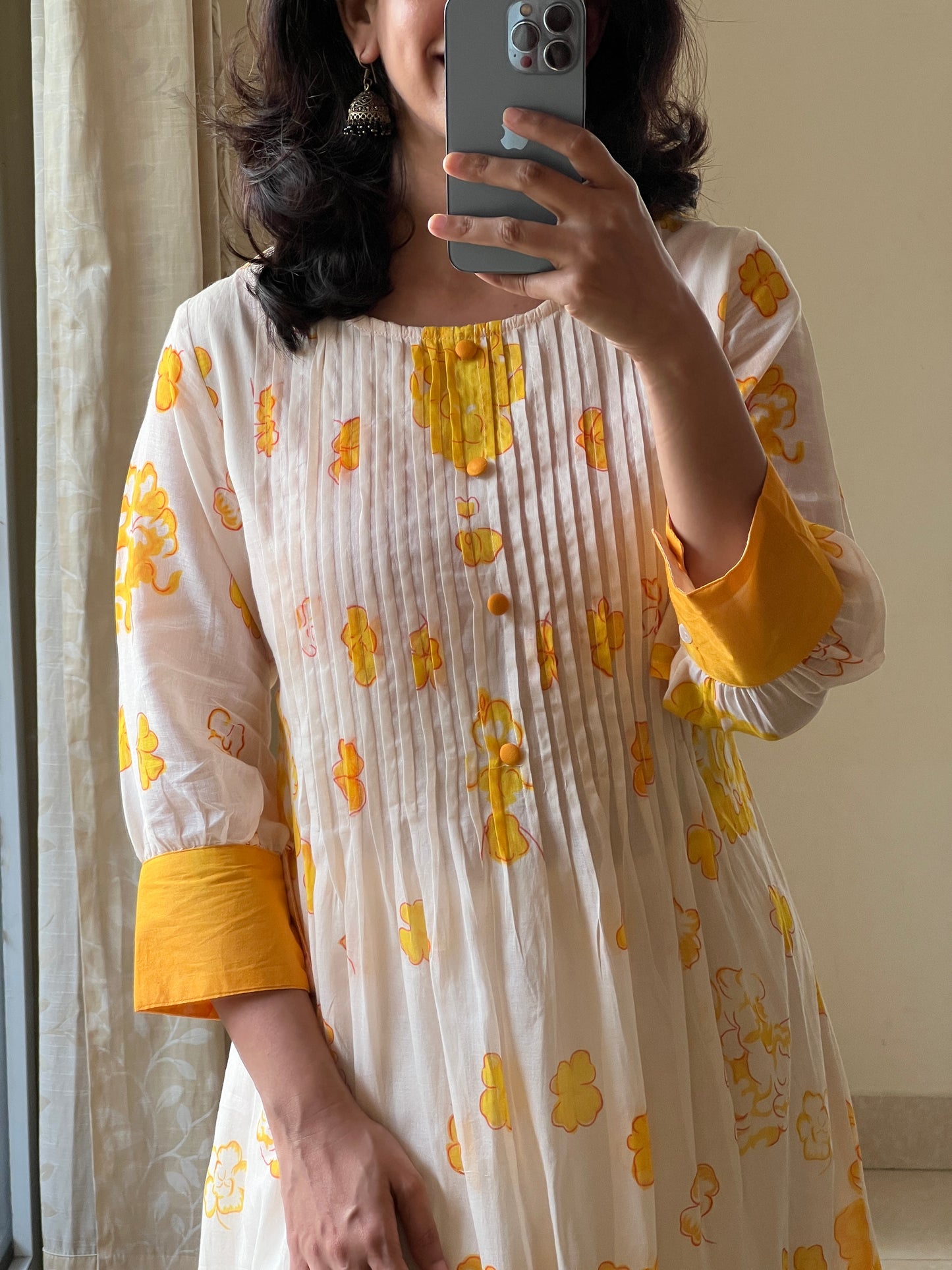 A0469 half white & yellow Mulmul cotton 2pc dress with block print floral detailing