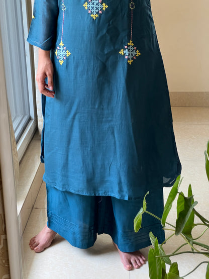 P07 peacock blue mul chanderi 2 piece dress with Kutch work hand embroidery detailing