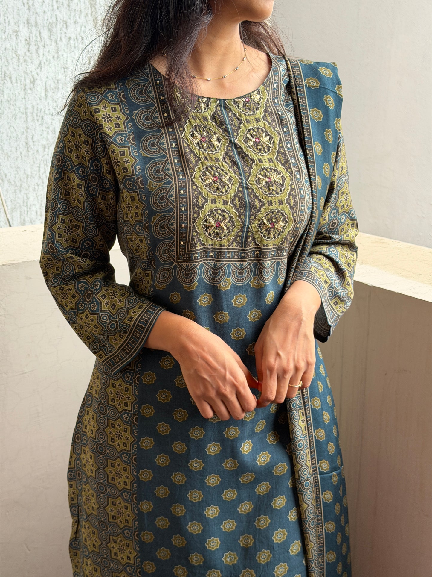 A0817 Blue premium muslin ajrakh print  3 piece suit