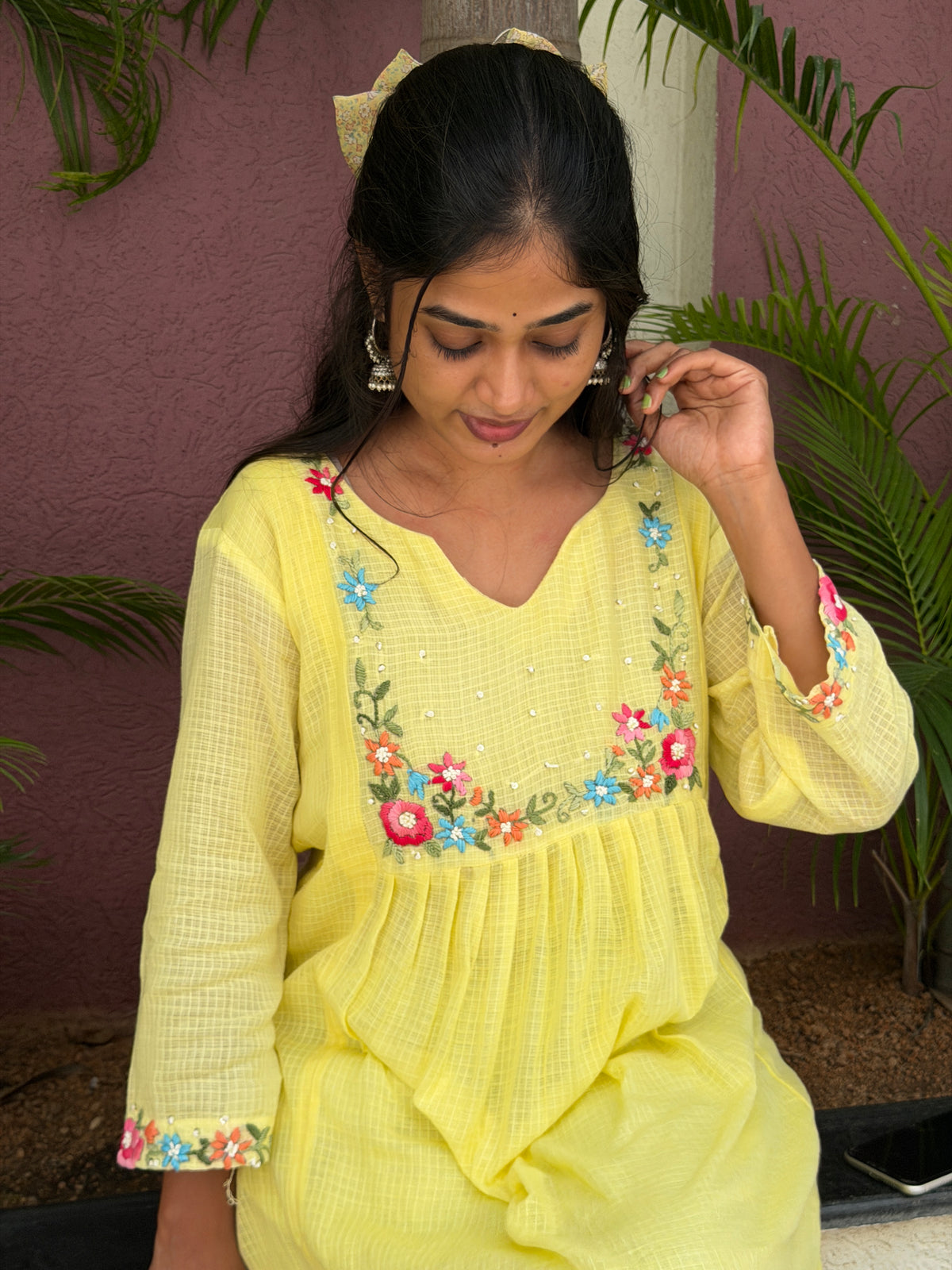 A0834 Butter Yellow Cotton Kota dress with hand embroidery detailing