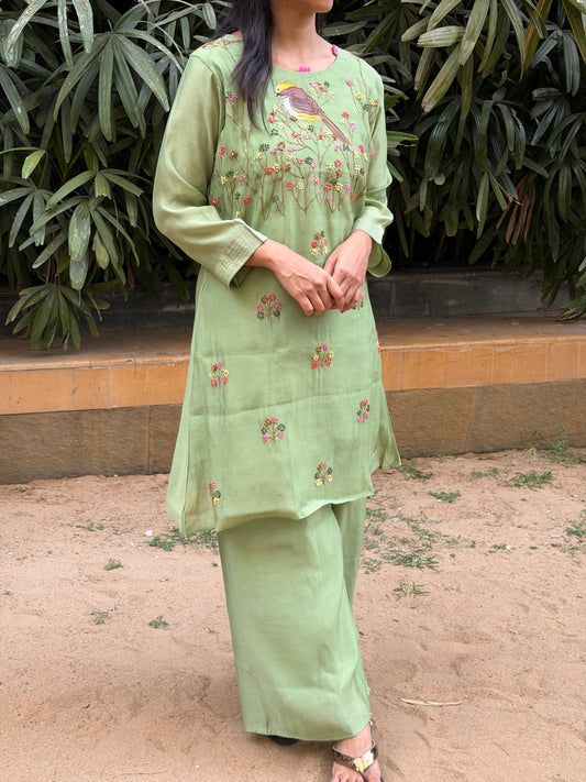 A0601 Green mul chanderi coord set with bird hand painted & hand embroidery detailing all over the dress