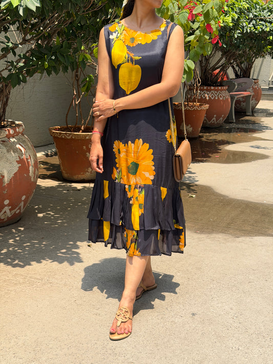 A0732 Black and yellow Mango print soft cotton silk dress