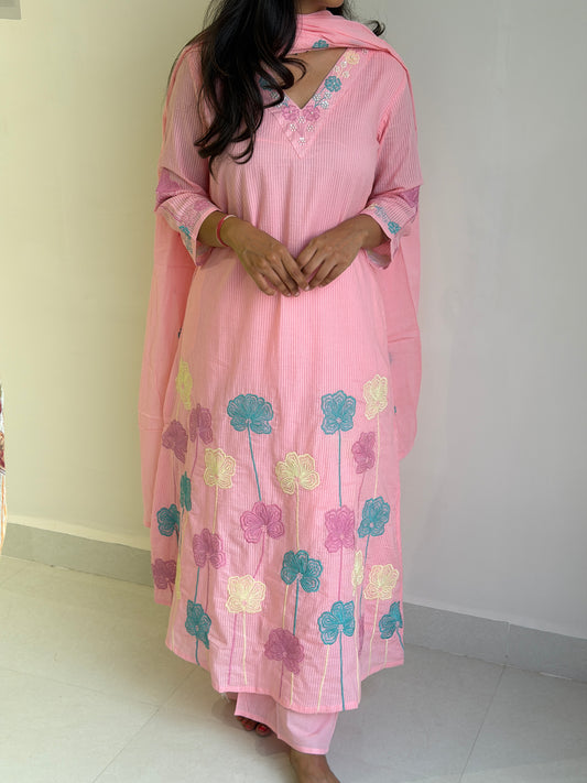 A0725 pink cotton 3 piece dress with floral machine embroidery detailing