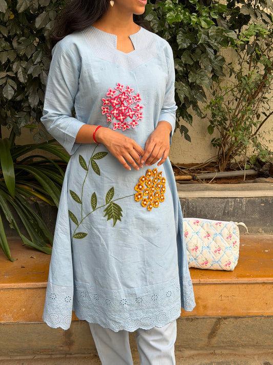 A0653 Mul cotton 2pc powder blue set with applique, 3d flowers and hakoba detailing