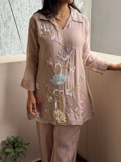 A0804 Mushroom Brown Premium Mul Chanderi 3pc set with multi colour work detailing