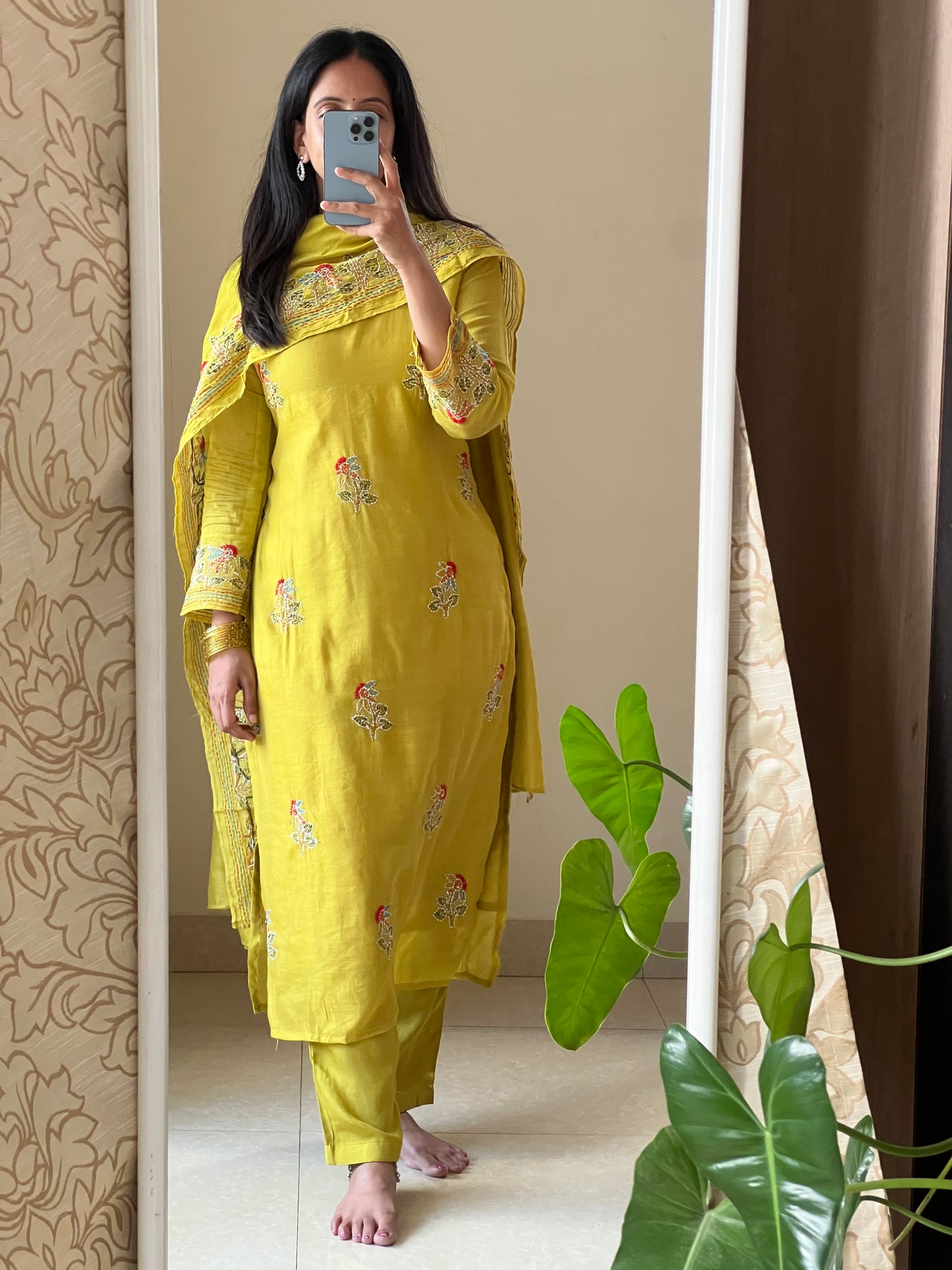 A0558 yellow mul chanderi 3 piece dress with Kantha work detailing all over the dress & duppatta