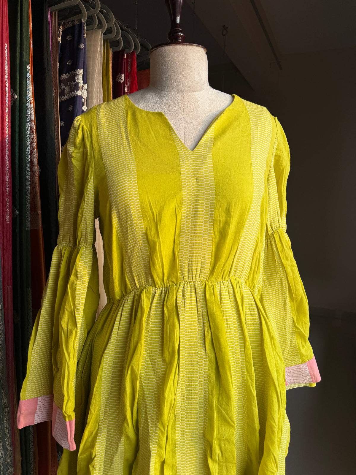 Handloom cotton dress with v neck
