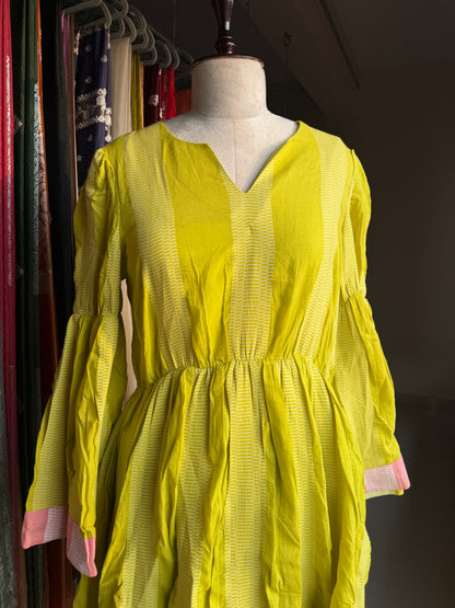 Handloom cotton dress with v neck