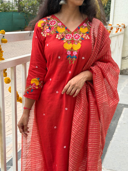 A0681 rust cotton kota straight cut 3 piece dress with stripes duppatta & kota pants comes with complete cotton lining