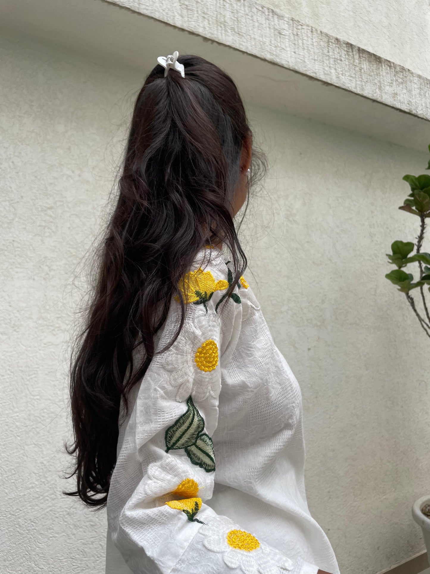 A1525 white premium cotton self weaved coord set with yellow floral hand embroidery