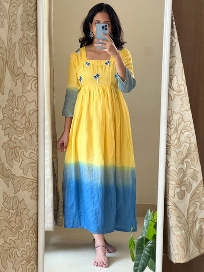 A0453 Kota yellow & blue frock in dual shade,with jardozi and Moti work detailing