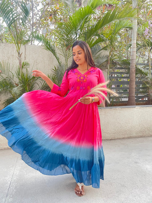 A0383 pink & blue Mulmul crushed shaded one piece dress with mirror embroidery detailing & 6 meters ghera