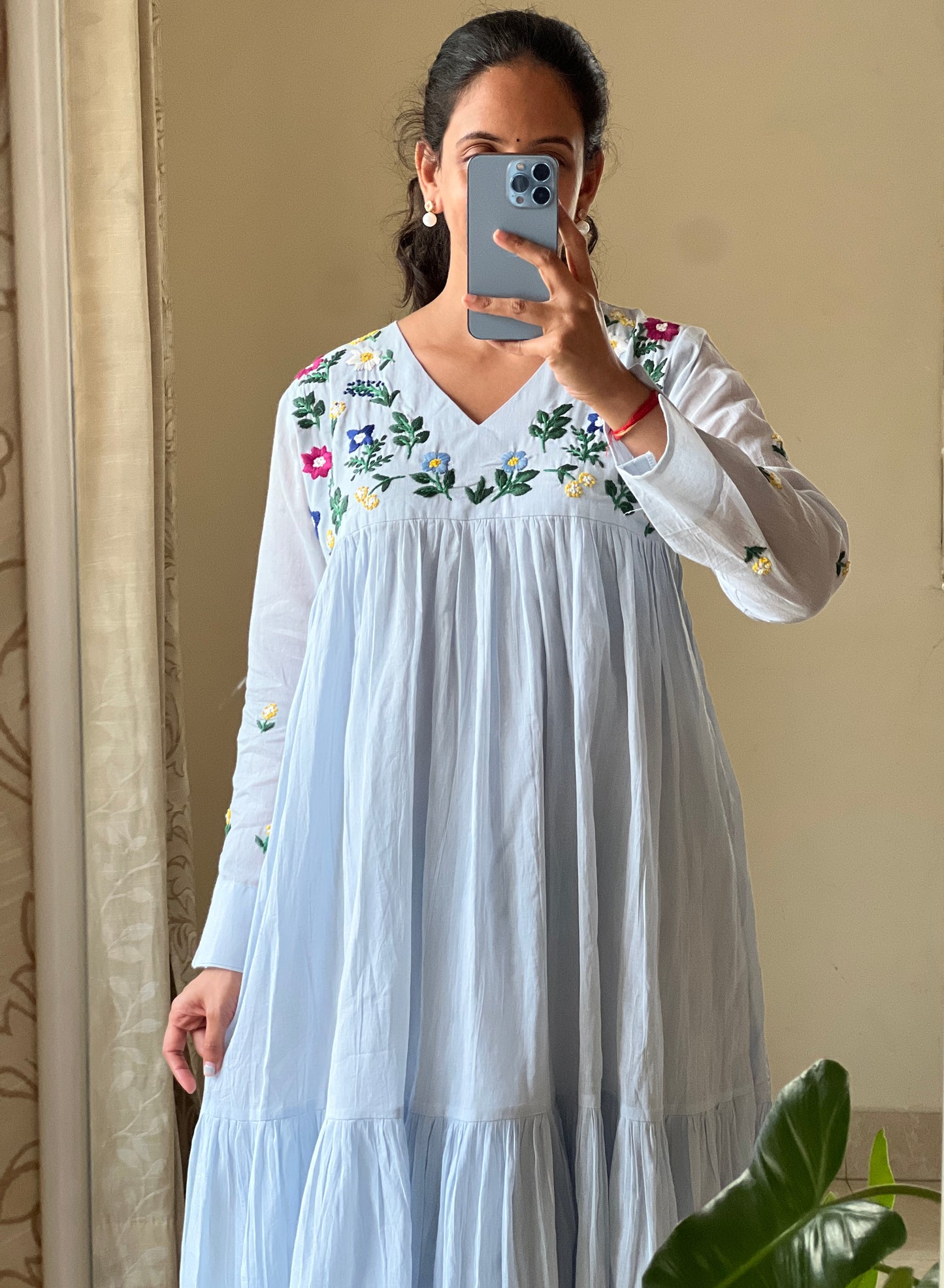A0648 ice blue Mulmul one piece dress with hand embroidery detailing on yoke part