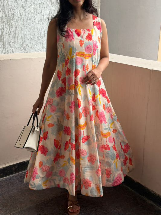 A0767 cream Lenin floral one piece dress comes with lining inside & 3/4th sleeves inside.