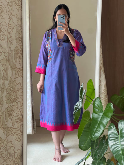 A0591 blue handloom cotton one piece dress with hand embroidery detailing over the pockets & v neck with Kantha work detailing